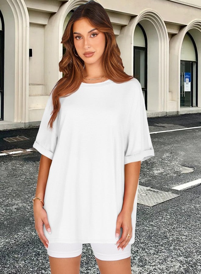 rosemia Oversized T-Shirt for Women Summer Short Sleeve Casual Basic Tee Tops Loose Fit Shirts (Solid White, M) - Image 2
